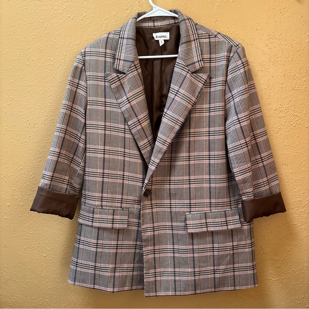 &merci Women Brown Pink Plaid  Blazer Large